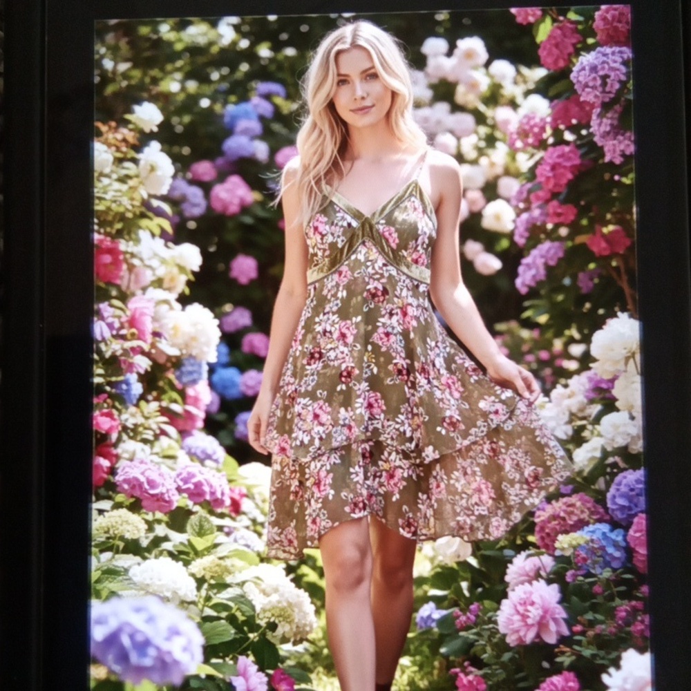 White House Black Market Olive Green Floral Eyelet Ladder Tiered Dress Sz 2